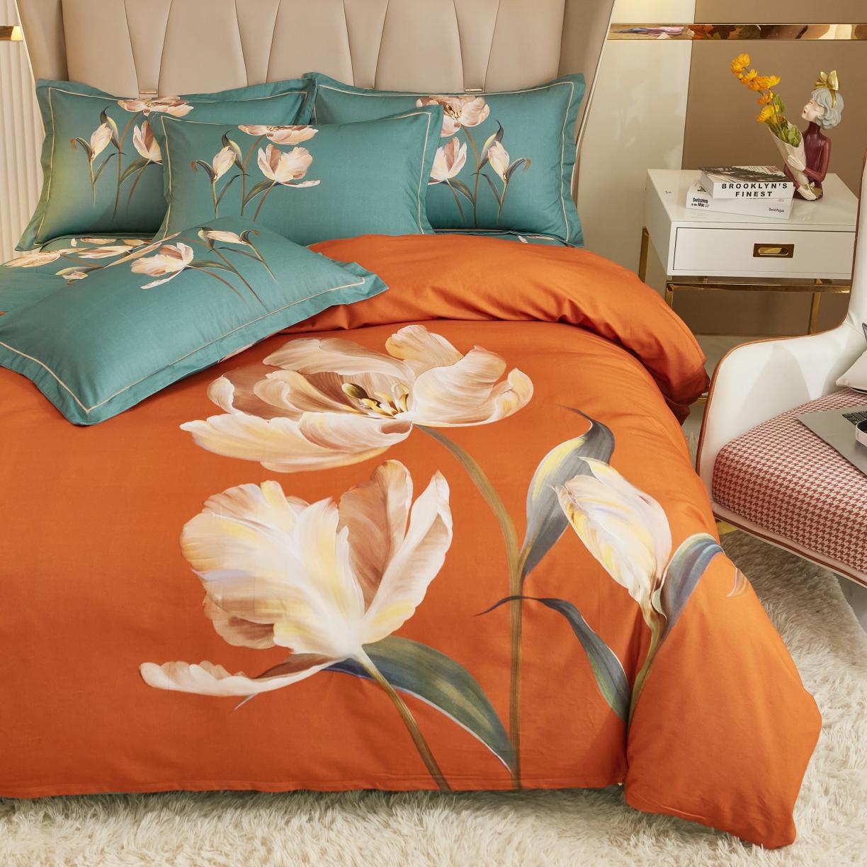 91家纺网 家纺一手货源 找家纺 雲归梦 2022年新款加厚全棉大版四件套第二批-花卉 一笑倾城-桔