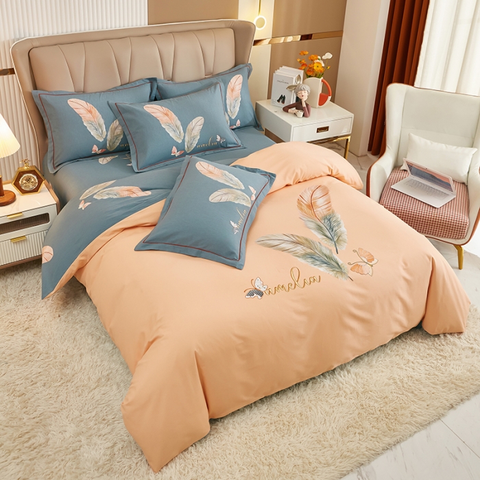 91家纺网 家纺一手货源 找家纺 雲归梦 2022年新款加厚全棉大版四件套第二批-花卉 羽蝶-粉