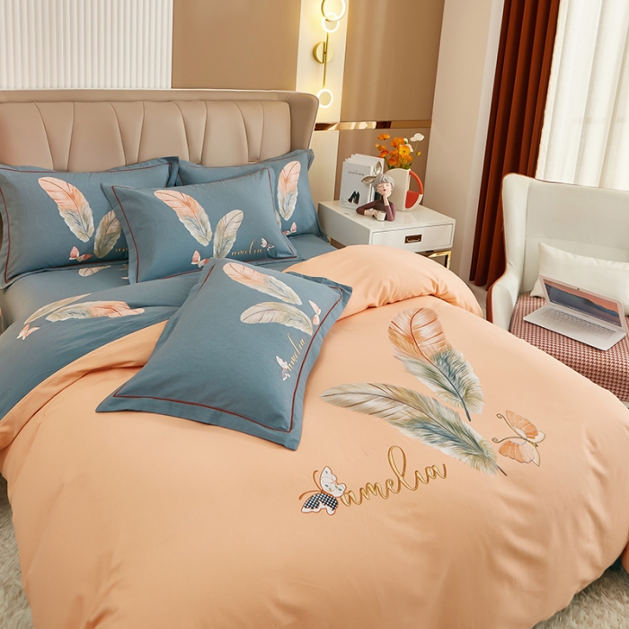 91家纺网 家纺一手货源 找家纺 雲归梦 2022年新款加厚全棉大版四件套第二批-花卉 羽蝶-粉