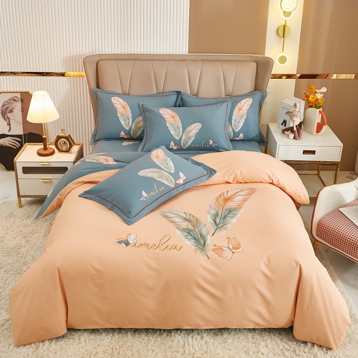 91家纺网 家纺一手货源 找家纺 雲归梦 2022年新款加厚全棉大版四件套第二批-花卉 羽蝶-粉