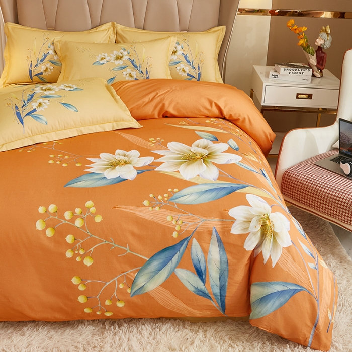 91家纺网 家纺一手货源 找家纺 雲归梦 2022年新款加厚全棉大版四件套第二批-花卉 醉花听风-桔