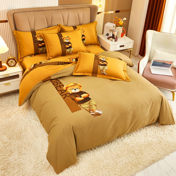 91家纺网 家纺一手货源 找家纺 雲归梦 2022年新款加厚全棉大版四件套第二批-格条卡通 潮酷熊-咖