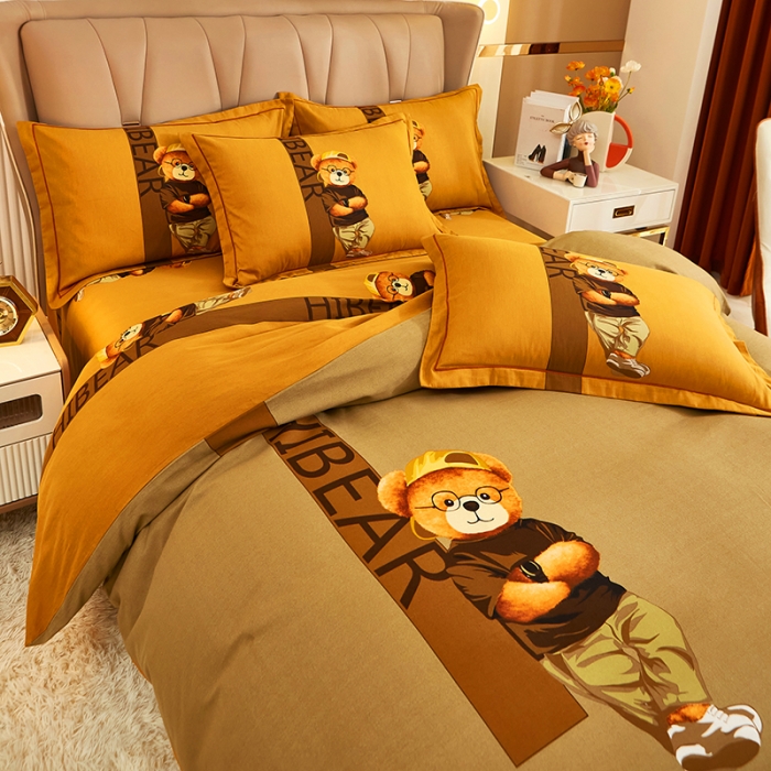 91家纺网 家纺一手货源 找家纺 雲归梦 2022年新款加厚全棉大版四件套第二批-格条卡通 潮酷熊-咖