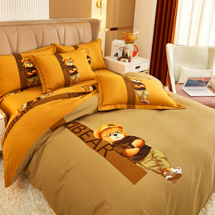 91家纺网 家纺一手货源 找家纺 雲归梦 2022年新款加厚全棉大版四件套第二批-格条卡通 潮酷熊-咖