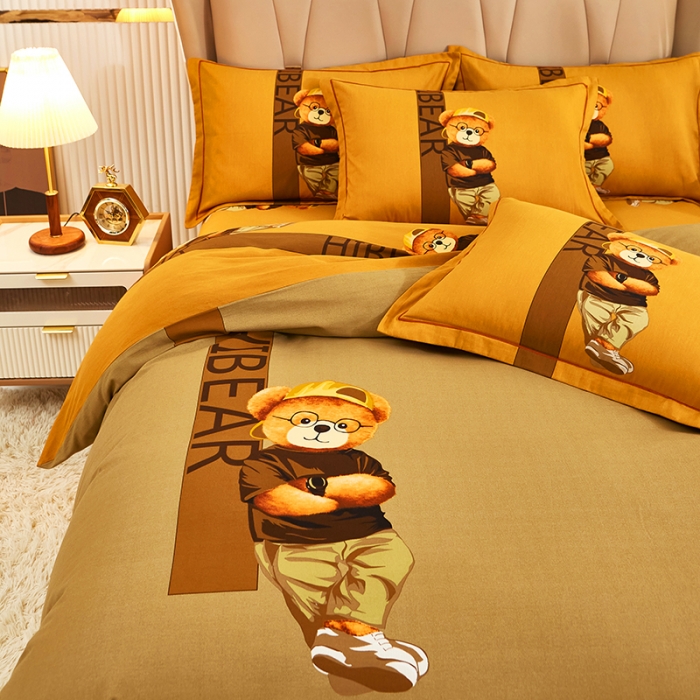 91家纺网 家纺一手货源 找家纺 雲归梦 2022年新款加厚全棉大版四件套第二批-格条卡通 潮酷熊-咖