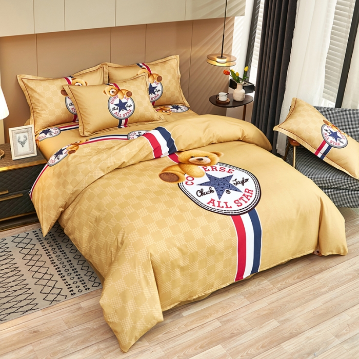 91家纺网 家纺一手货源 找家纺 雲归梦 2022年新款加厚全棉大版四件套第二批-格条卡通 趣萌熊-黄