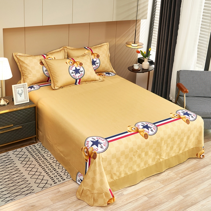 91家纺网 家纺一手货源 找家纺 雲归梦 2022年新款加厚全棉大版四件套第二批-格条卡通 趣萌熊-黄