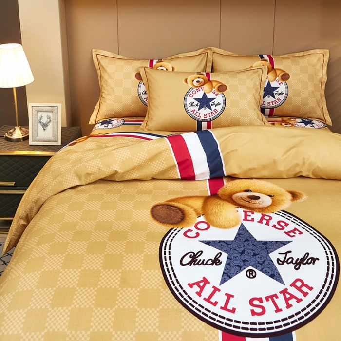 91家纺网 家纺一手货源 找家纺 雲归梦 2022年新款加厚全棉大版四件套第二批-格条卡通 趣萌熊-黄