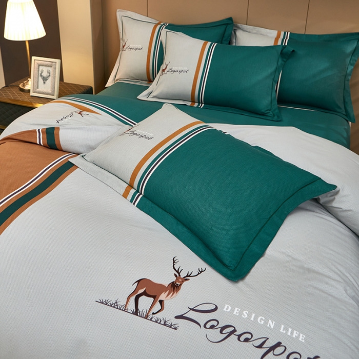 91家纺网 家纺一手货源 找家纺 雲归梦 2022年新款加厚全棉大版四件套第二批-格条卡通 森旅小鹿