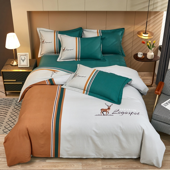 91家纺网 家纺一手货源 找家纺 雲归梦 2022年新款加厚全棉大版四件套第二批-格条卡通 森旅小鹿