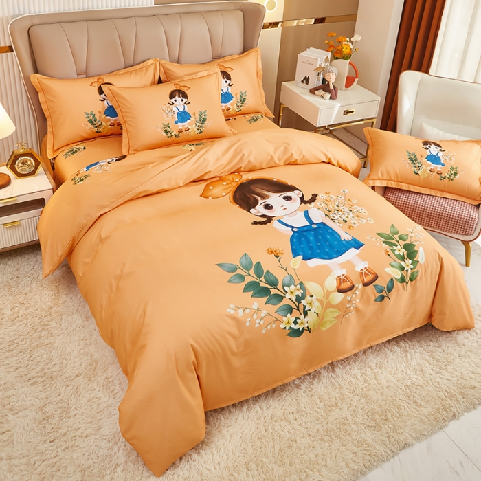 91家纺网 家纺一手货源 找家纺 雲归梦 2022年新款加厚全棉大版四件套第二批-格条卡通 甜丫丫-桔