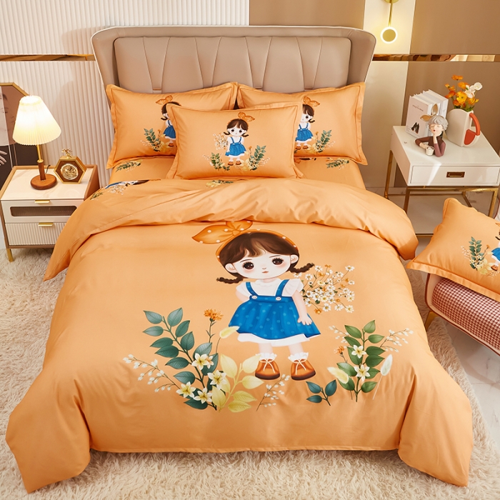 91家纺网 家纺一手货源 找家纺 雲归梦 2022年新款加厚全棉大版四件套第二批-格条卡通 甜丫丫-桔