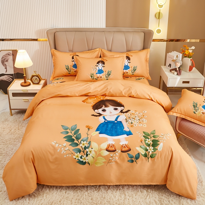 91家纺网 家纺一手货源 找家纺 雲归梦 2022年新款加厚全棉大版四件套第二批-格条卡通 甜丫丫-桔