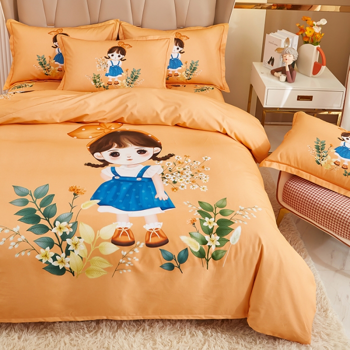 91家纺网 家纺一手货源 找家纺 雲归梦 2022年新款加厚全棉大版四件套第二批-格条卡通 甜丫丫-桔