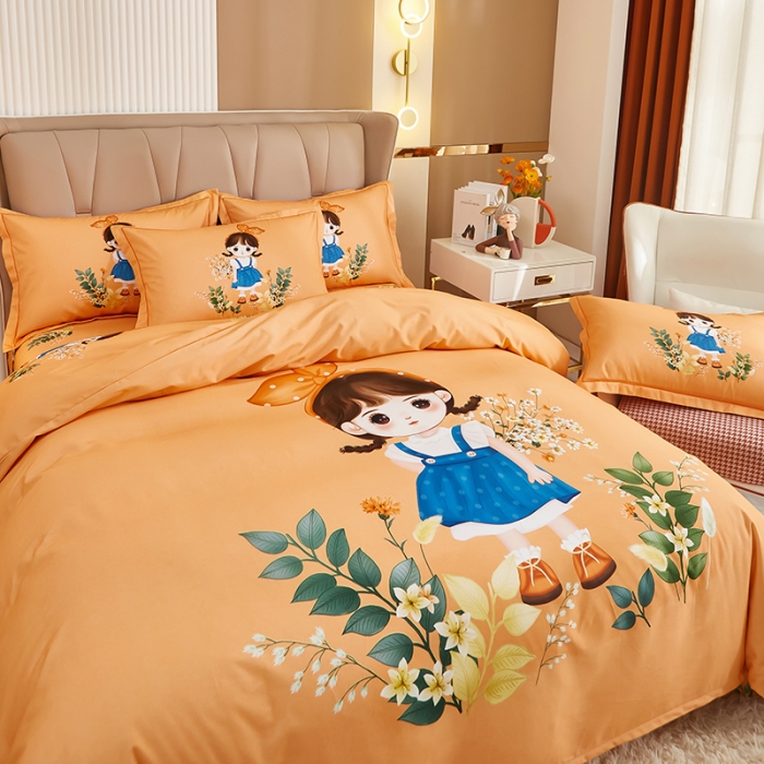 91家纺网 家纺一手货源 找家纺 雲归梦 2022年新款加厚全棉大版四件套第二批-格条卡通 甜丫丫-桔