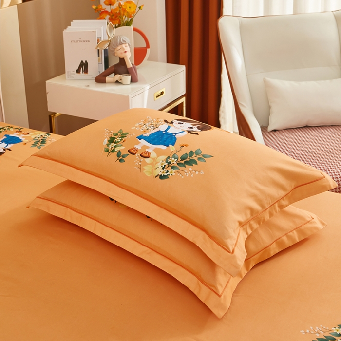 91家纺网 家纺一手货源 找家纺 雲归梦 2022年新款加厚全棉大版四件套第二批-格条卡通 甜丫丫-桔