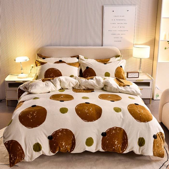 91家纺网 家纺一手货源 找家纺 同田 2023新款牛奶金貂绒四件套印花保暖法莱水晶绒 小香橙