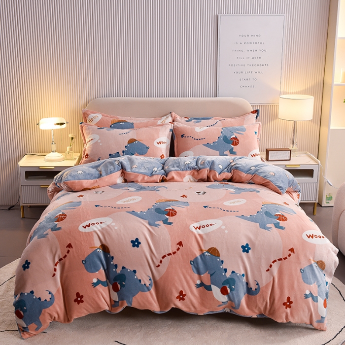 91家纺网 家纺一手货源 找家纺 同田 2023新款牛奶金貂绒四件套印花保暖法莱水晶绒 恐龙