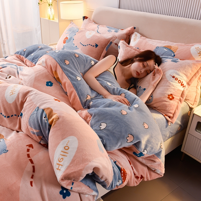 91家纺网 家纺一手货源 找家纺 同田 2023新款牛奶金貂绒四件套印花保暖法莱水晶绒 恐龙