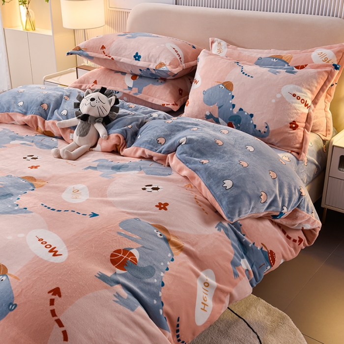 91家纺网 家纺一手货源 找家纺 同田 2023新款牛奶金貂绒四件套印花保暖法莱水晶绒 恐龙