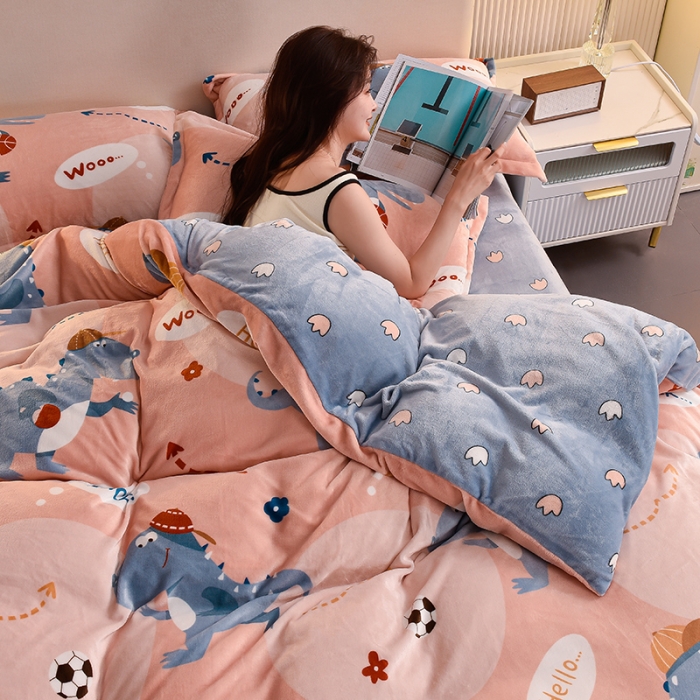 91家纺网 家纺一手货源 找家纺 同田 2023新款牛奶金貂绒四件套印花保暖法莱水晶绒 恐龙