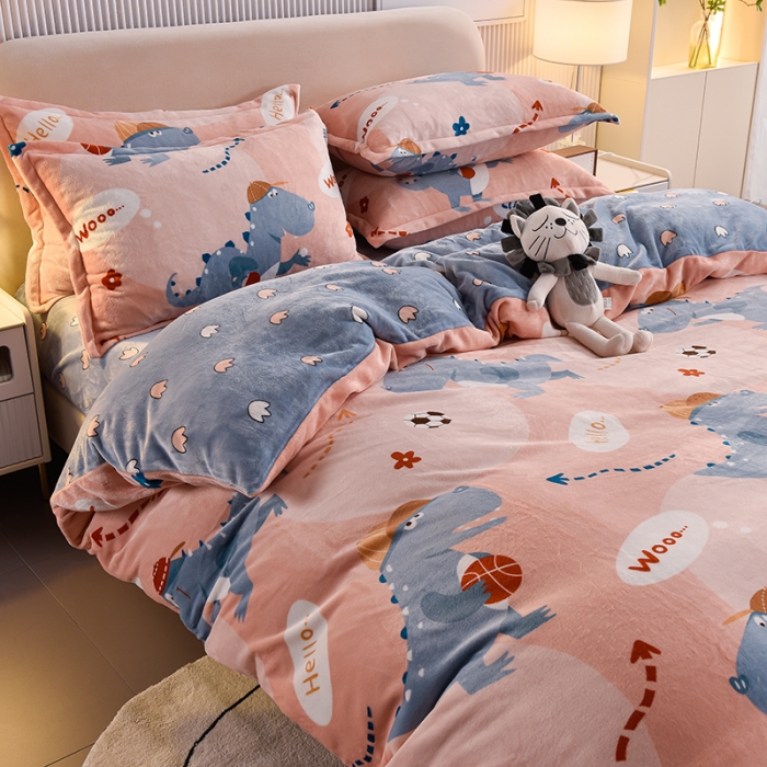 91家纺网 家纺一手货源 找家纺 同田 2023新款牛奶金貂绒四件套印花保暖法莱水晶绒 恐龙