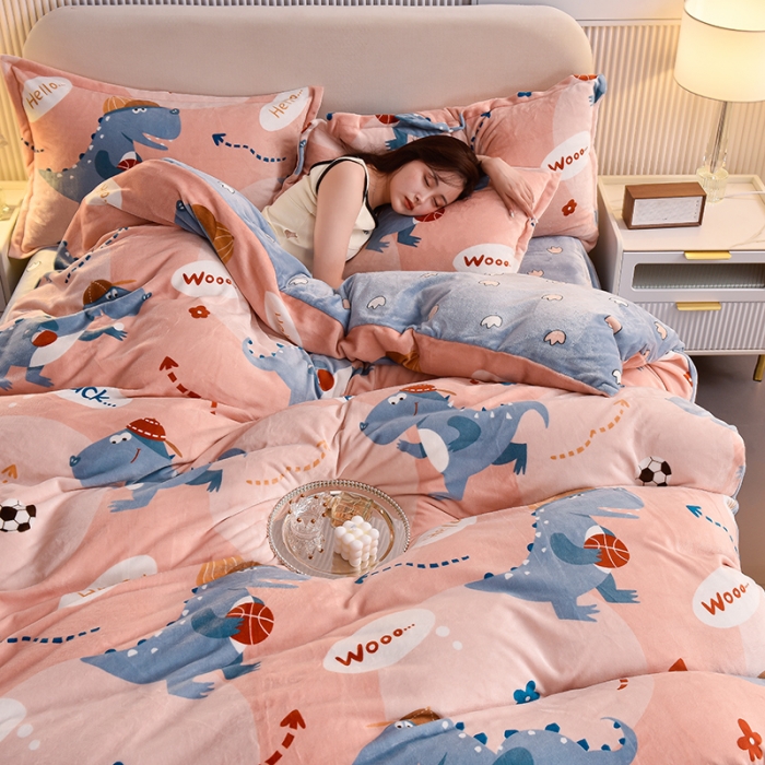 91家纺网 家纺一手货源 找家纺 同田 2023新款牛奶金貂绒四件套印花保暖法莱水晶绒 恐龙