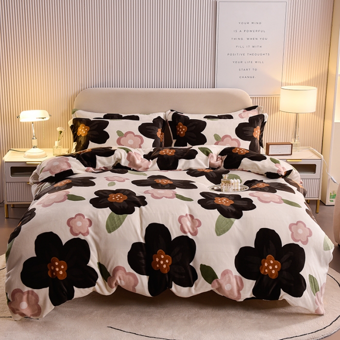 91家纺网 家纺一手货源 找家纺 同田 2023新款牛奶金貂绒四件套印花保暖法莱水晶绒 暗香