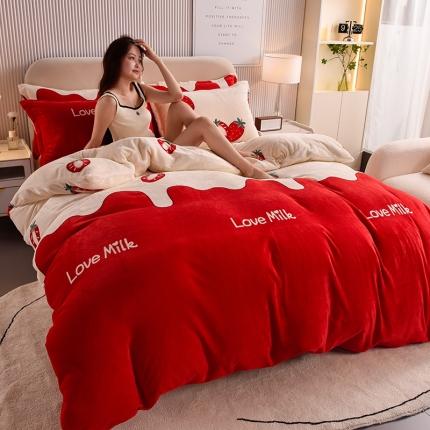 同田 2023新款牛奶金貂绒四件套印花保暖法莱水晶绒牛奶草莓