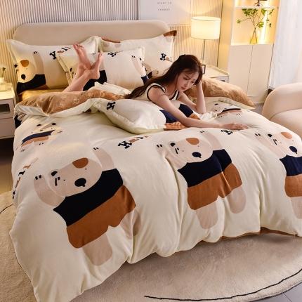 同田 2023新款牛奶金貂绒四件套印花保暖法莱水晶绒 熊抱