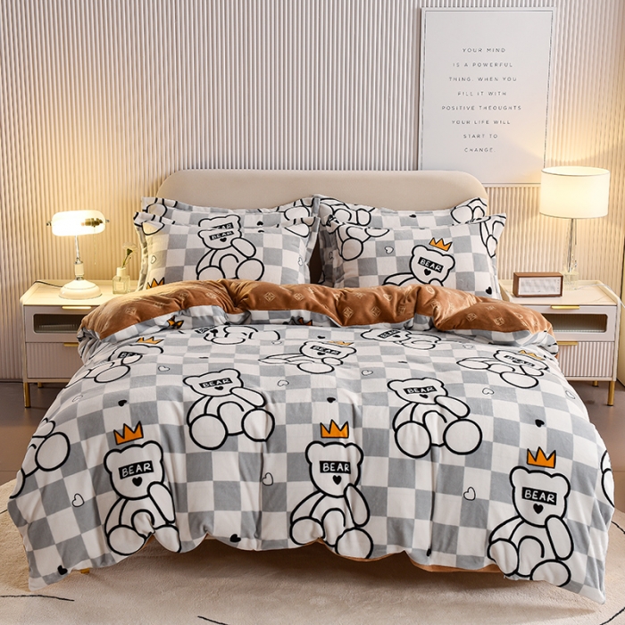 91家纺网 家纺一手货源 找家纺 同田 2023新款牛奶金貂绒四件套印花保暖法莱水晶绒泰迪宝贝