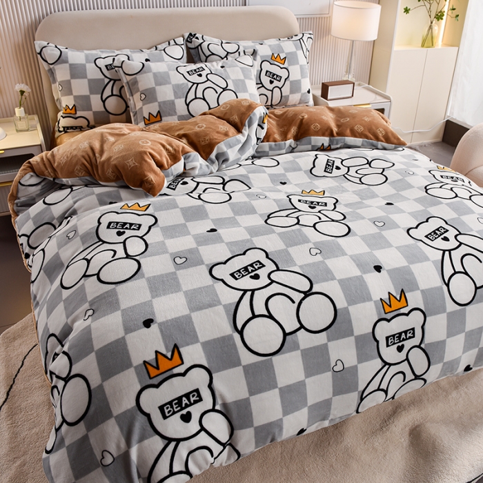 91家纺网 家纺一手货源 找家纺 同田 2023新款牛奶金貂绒四件套印花保暖法莱水晶绒泰迪宝贝