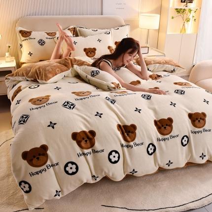 同田 2023新款牛奶金貂绒四件套印花保暖法莱水晶绒 快乐熊