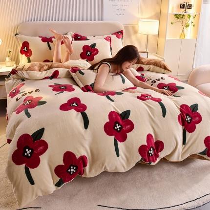 同田 2023新款牛奶金貂绒四件套印花保暖法莱水晶绒花花世界