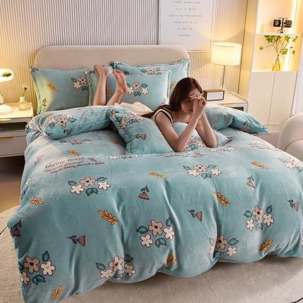 同田 2023新款牛奶金貂绒四件套印花保暖法莱水晶绒 倾蓝