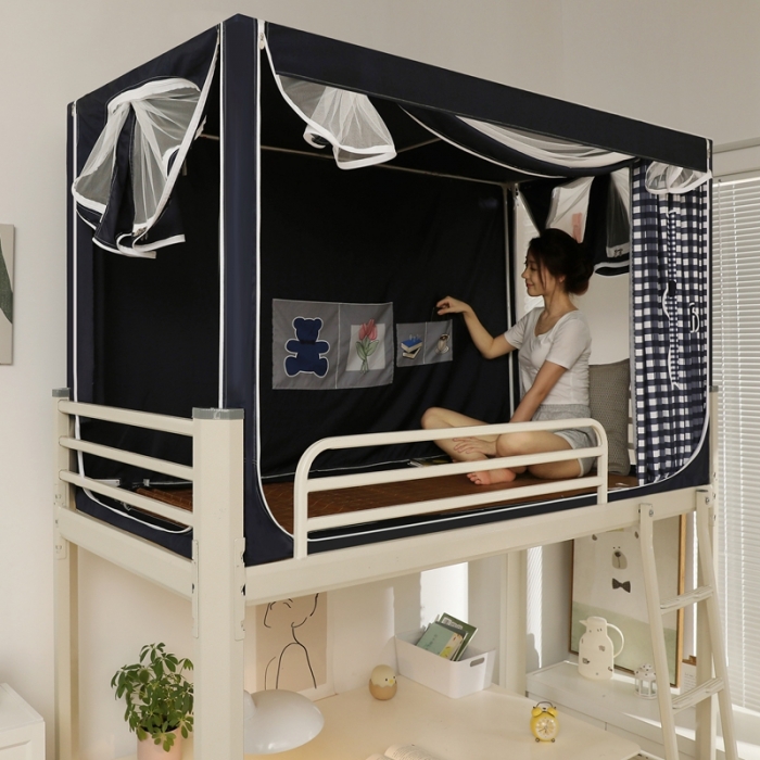 91家纺网 家纺一手货源 找家纺 梦尔佳蚊帐 2022新款卡通印花学生床帘蚊帐 爱心熊-藏青