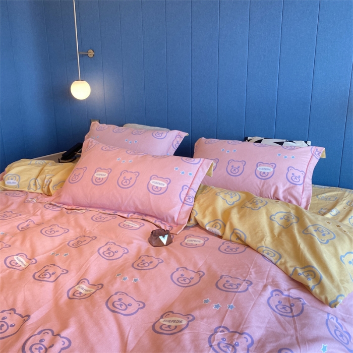 91家纺网 家纺一手货源 找家纺 2022新款铂金全棉磨毛系列四件套-实拍图（AB版设计） 小笨熊-粉
