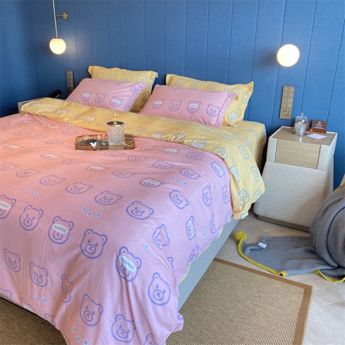 91家纺网 家纺一手货源 找家纺 2022新款铂金全棉磨毛系列四件套-实拍图（AB版设计） 小笨熊-粉