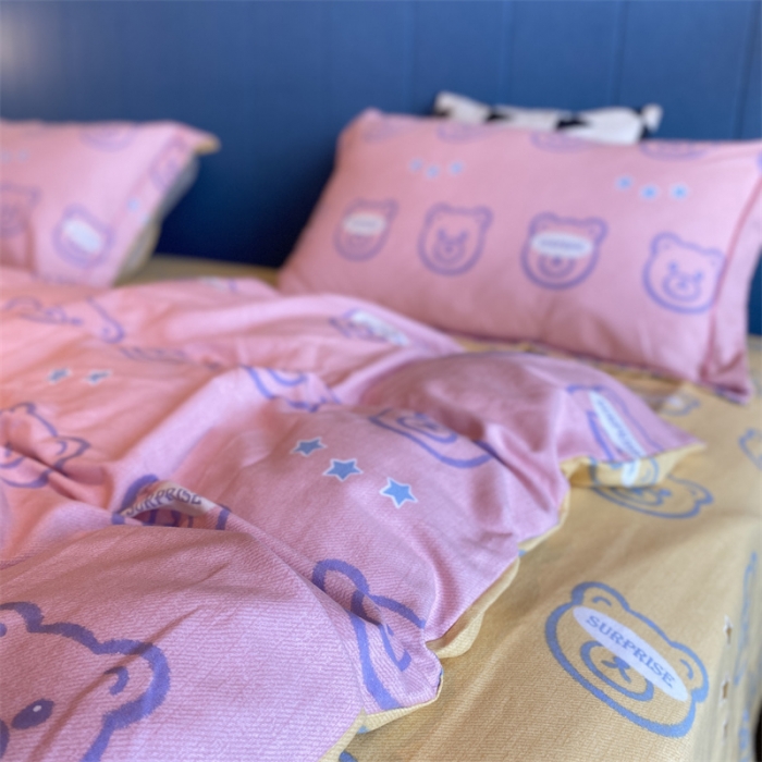 91家纺网 家纺一手货源 找家纺 2022新款铂金全棉磨毛系列四件套-实拍图（AB版设计） 小笨熊-粉