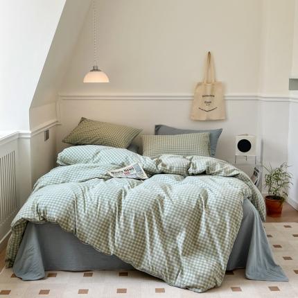 91家纺网 家纺一手货源 找家纺 2022年新款日式简约良品纯棉全棉色织水洗棉四件套兰黄小格