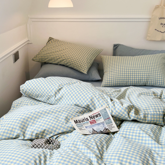 91家纺网 家纺一手货源 找家纺 2022年新款日式简约良品纯棉全棉色织水洗棉四件套兰黄小格