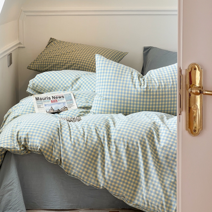 91家纺网 家纺一手货源 找家纺 2022年新款日式简约良品纯棉全棉色织水洗棉四件套兰黄小格