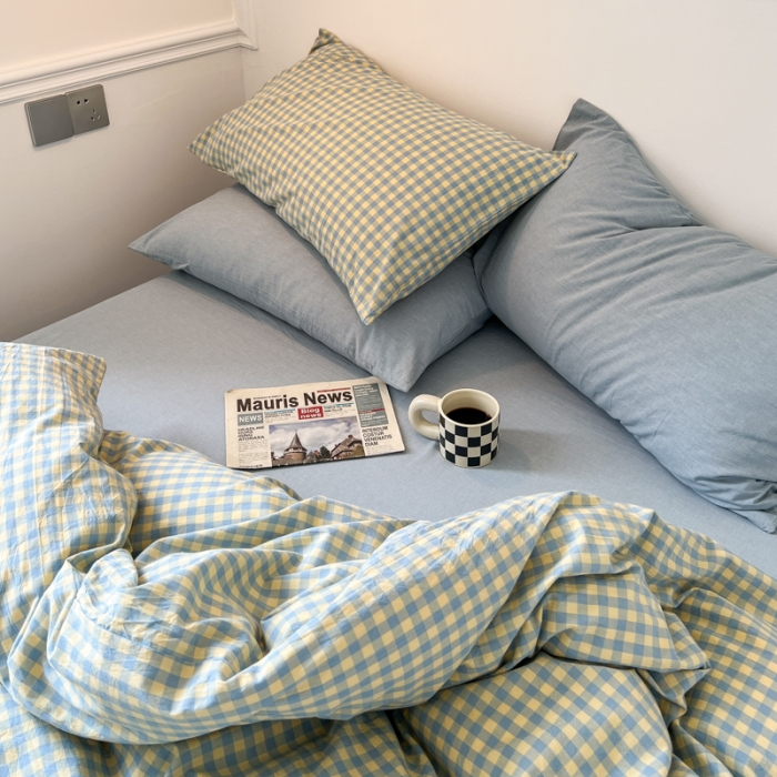 91家纺网 家纺一手货源 找家纺 2022年新款日式简约良品纯棉全棉色织水洗棉四件套兰黄小格