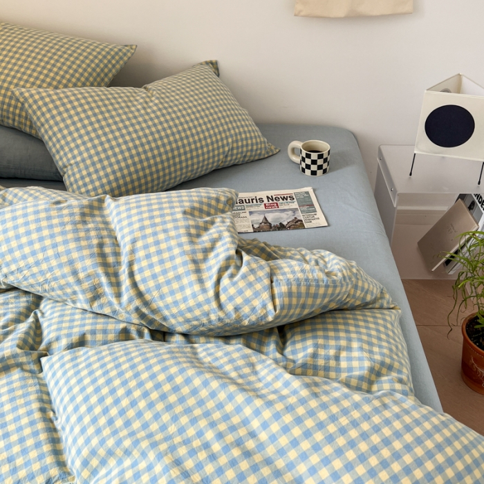 91家纺网 家纺一手货源 找家纺 2022年新款日式简约良品纯棉全棉色织水洗棉四件套兰黄小格