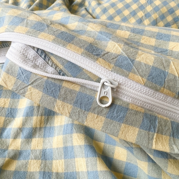 91家纺网 家纺一手货源 找家纺 2022年新款日式简约良品纯棉全棉色织水洗棉四件套兰黄小格