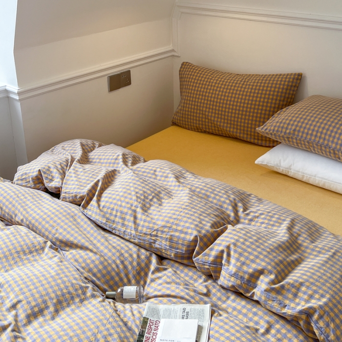 91家纺网 家纺一手货源 找家纺 2022年新款日式简约良品纯棉全棉色织水洗棉四件套紫黄小格