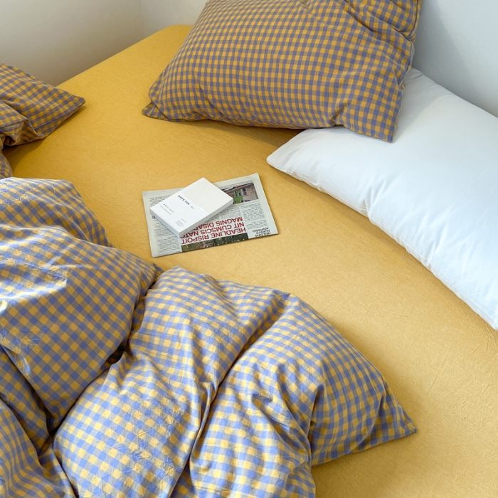 91家纺网 家纺一手货源 找家纺 2022年新款日式简约良品纯棉全棉色织水洗棉四件套紫黄小格