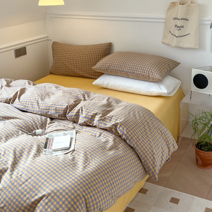 91家纺网 家纺一手货源 找家纺 2022年新款日式简约良品纯棉全棉色织水洗棉四件套紫黄小格