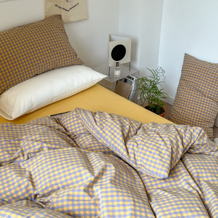 91家纺网 家纺一手货源 找家纺 2022年新款日式简约良品纯棉全棉色织水洗棉四件套紫黄小格