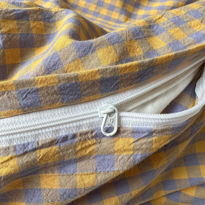 91家纺网 家纺一手货源 找家纺 2022年新款日式简约良品纯棉全棉色织水洗棉四件套紫黄小格